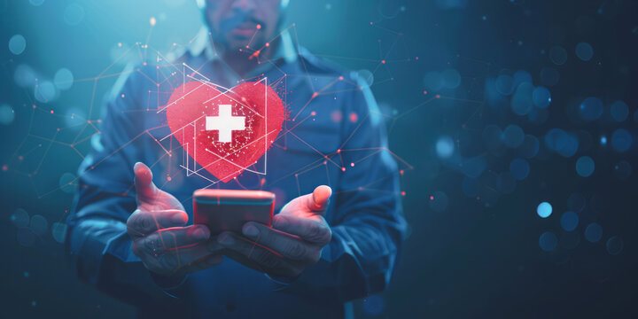 A businessman showcases a digital heart monitor on his smartphone, set against a holographic background, symbolizing the fusion of technology and healthcare. - Powered by Adobe