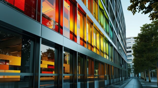 A D image of an office building with colorful glass windows AI generated illustration