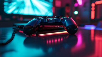 A D rendering of a gaming console with illuminated ambient lighting AI generated illustration - obrazy, fototapety, plakaty
