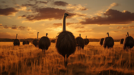 ostrich at sunset - obrazy, fototapety, plakaty