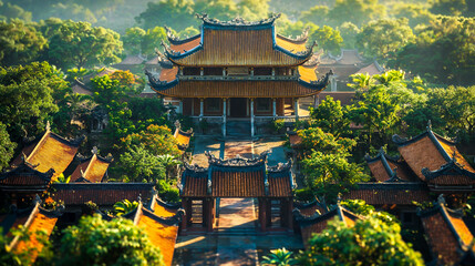 temple de style asiatique, environnement verdoyant - vu depuis un drone - style maquette - tilt shift