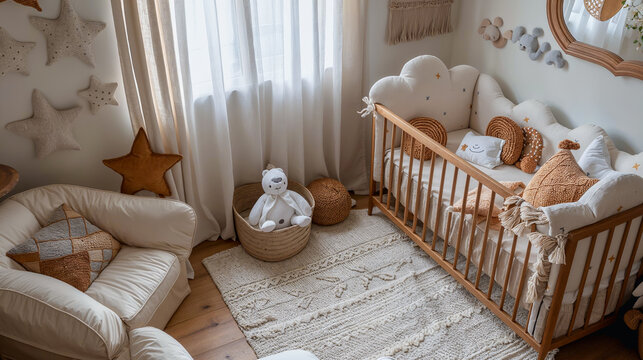 Chambre de nouveau n&eacute; dans un style moderne, mati&egrave;res brutes et naturelles
