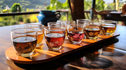 Ceylon tea tasting glasses and a sightseeing trip - obrazy, fototapety, plakaty