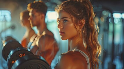 side view of sporty attractive woman and handsome muscular man lifting weights in the gym 