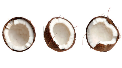 set empty coconut fruit shell cut in half, isolated on white background