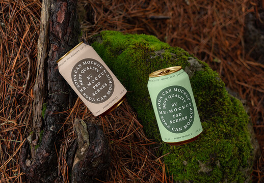 Two Cans Laying on Forest Moss Mockup