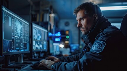 side view of policeman entering personal data of suspect into computer database while sitting in front of monitors in office  - obrazy, fototapety, plakaty