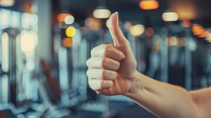Thumbs up sign. Woman's hand shows like gesture. Gym background