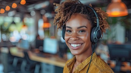 smiling customer support operator with hands free headset working in the office 