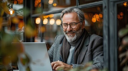 smiling middle aged man sitting in a coffee shop and checking his bank account on mobile and laptop handsome businessman using the laptop for e banking at cafe 