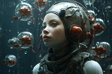 A female astronaut in lab, part of an experiment project. Portrait of a female astronaut in spacesuit. experimental humanoid robot in laboratory with sad face. science concept. - obrazy, fototapety, plakaty