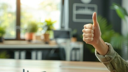 Thumbs up sign. Woman's hand shows like gesture. Home office background