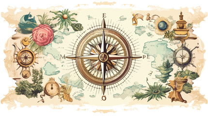 Fototapeta na wymiar Vintage map with compass rose and travel destinatio