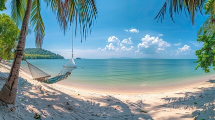Fototapeta na wymiar tropical beach panorama as summer relax landscape with beach swing or hammock hang on palm tree over white sand ocean beach 