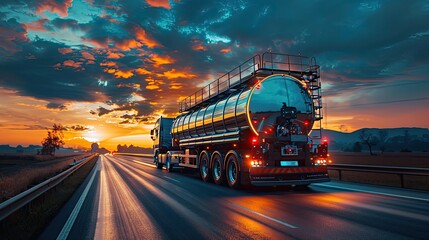rear view of big metal fuel tanker truck in motion shipping fuel to oil refinery against sunset sky 