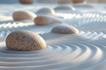 Fototapeta na wymiar Zen stones on raked sand with ripple pattern