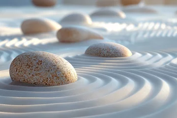 Foto op Plexiglas Stenen in het zand Zen stones on raked sand with ripple pattern