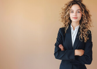 
A confident young businesswoman in a sleek suit stands poised, directly engaging the camera with a look of determination and professionalism.