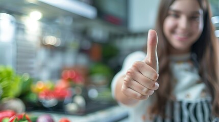 Thumbs up sign. Woman's hand shows like gesture. Kitchen background