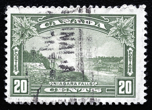 Ukraine, Kiyiv - February 3, 2024.Postage stamps from Canada.Niagara falls on vintage canadian postage stamp