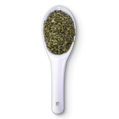Scoop of oregano isolated on transparent background , food flat lay concept.