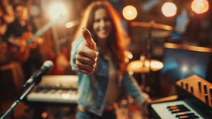 Thumbs up sign. Woman's hand shows like gesture. Music studio background