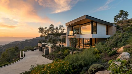 Obraz premium A contemporary hillside home with panoramic views and modern design AI generated illustration
