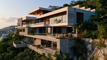 A contemporary hillside house with multiple levels and terraces overlooking nature  AI generated illustration