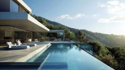 Fototapeta premium A contemporary hilltop residence with a minimalist design and infinity pool AI generated illustration