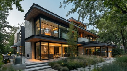 Fototapeta premium A contemporary house with sleek architecture and expansive windows AI generated illustration