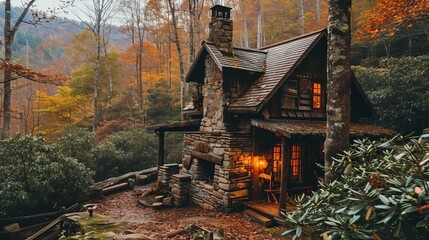 A cozy cabin nestled in the woods with a charming fireplace AI generated illustration