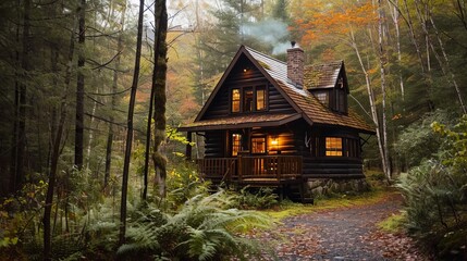 A cozy cabin in the woods with a fireplace and tranquil surroundings  AI generated illustration