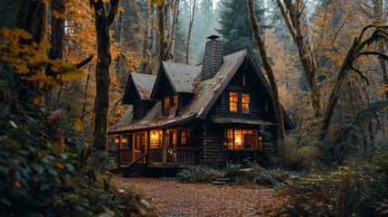 A cozy cabin in the woods with a fireplace and tranquil surroundings AI generated illustration