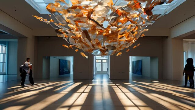 An art installation featuring colossal goldfish sculptures floating in a museum exhibition space with a string of pink petals.
