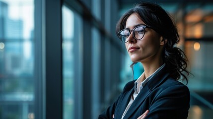 A female CEO captured in a poised stance emanating confidence and vision indicative of strong leadership and strategic acumen  AI generated illustration