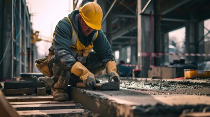 A hardworking concrete apprentice learning and assisting in concrete pouring with attention to detail  AI generated illustration