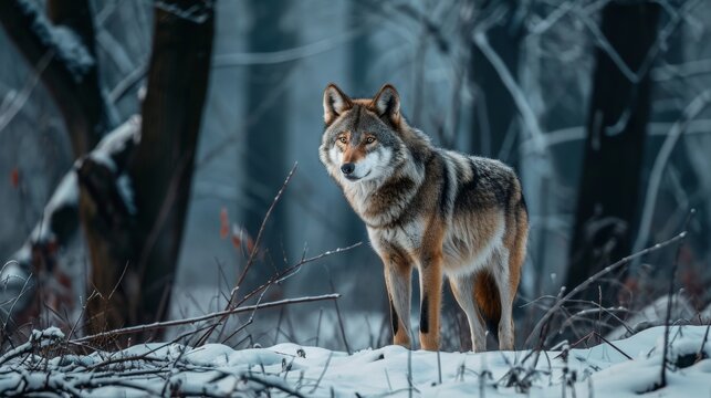 A lone wolf standing in the middle of an empty winter forest  AI generated illustration