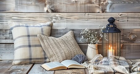 The Tranquil Beauty of a Lantern, Fluffy Pillows, an Immersive Book, and a Cozy Plaid on a Wooden Setting