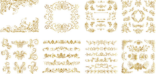 Gold vintage frames. Set of Decorative borders set, floral ornament, Vector antique decor