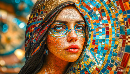 Woman's face painted in mosaic.