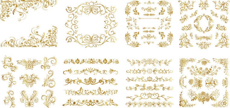 Gold vintage frames. Set of Decorative borders set, floral ornament, Vector antique decor