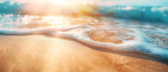 Sunlight glitters on the ocean waves and sandy beach, creating a sparkling effect. - 760978155
