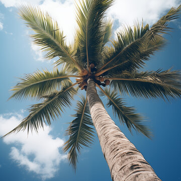 A tall palm tree with a clear blue sky in the background
