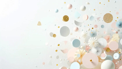 Large pastel confetti falling on a white background with white space