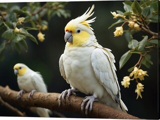 beautiful white cockatiel sit on the tree 