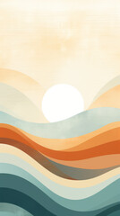Abstract Sunrise Over Stylized Ocean Waves


