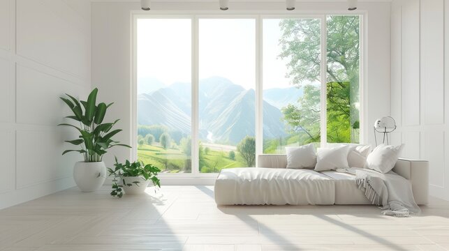 A White Room with a Sleek Sofa Offering Uninterrupted Views of a Vibrant Green Landscape