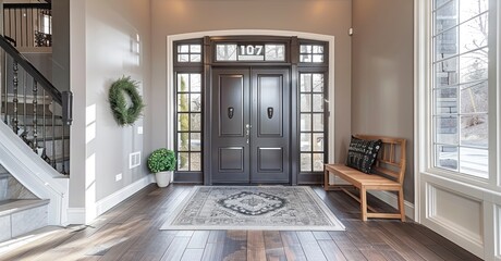 A Magnificent Home Entrance Boasting a Gray Door, Delicate Sidelights, and an Enormous Transom Window - obrazy, fototapety, plakaty