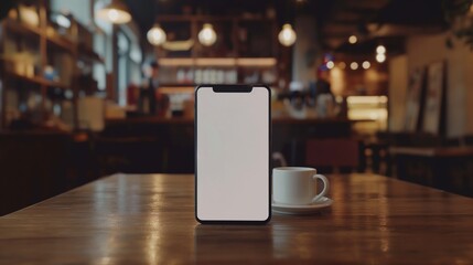 Detailed and lifelike image of a cell phone white screen mockup in a coffee shop, offering a clean canvas for digital presentations.