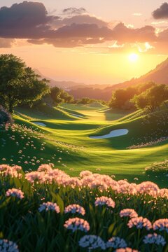 Blender 3D golf course at sunset serene and lush